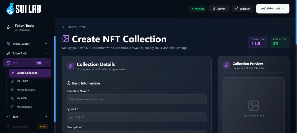 suilabdotfun's tweet image. 🎉 NFT Creator is live on SUI LAB! 🚀

Launch your own NFT collection on the SUI blockchain—no code needed. Customize name, symbol, supply, and mint settings from a clean, ceremonial interface.

🛠️ Real-time preview 💸 Just 1 SUI + 2% fee

#SUILAB #NFTCreator #Web3Tools #SUI
