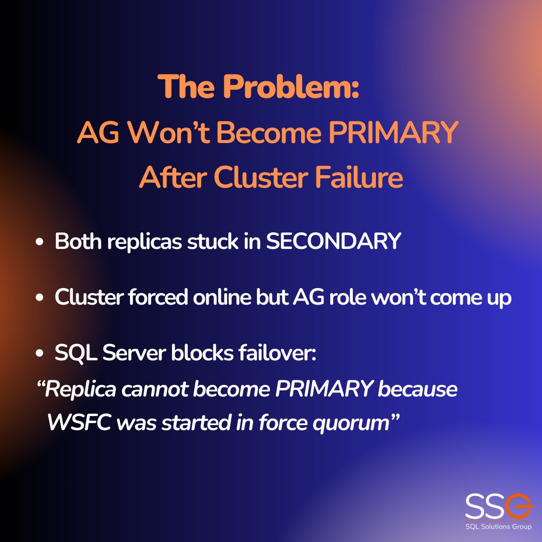 SQLGroup's tweet image. Save this for the day your AG decides to play hard to get. 😉

#SQLServer #AvailabilityGroups #AlwaysOn #HighAvailability #DatabaseAdmin #DBA #SQLCommunity #DataPlatform #MicrosoftSQL #DisasterRecovery #SQLTips #SQLServer2022