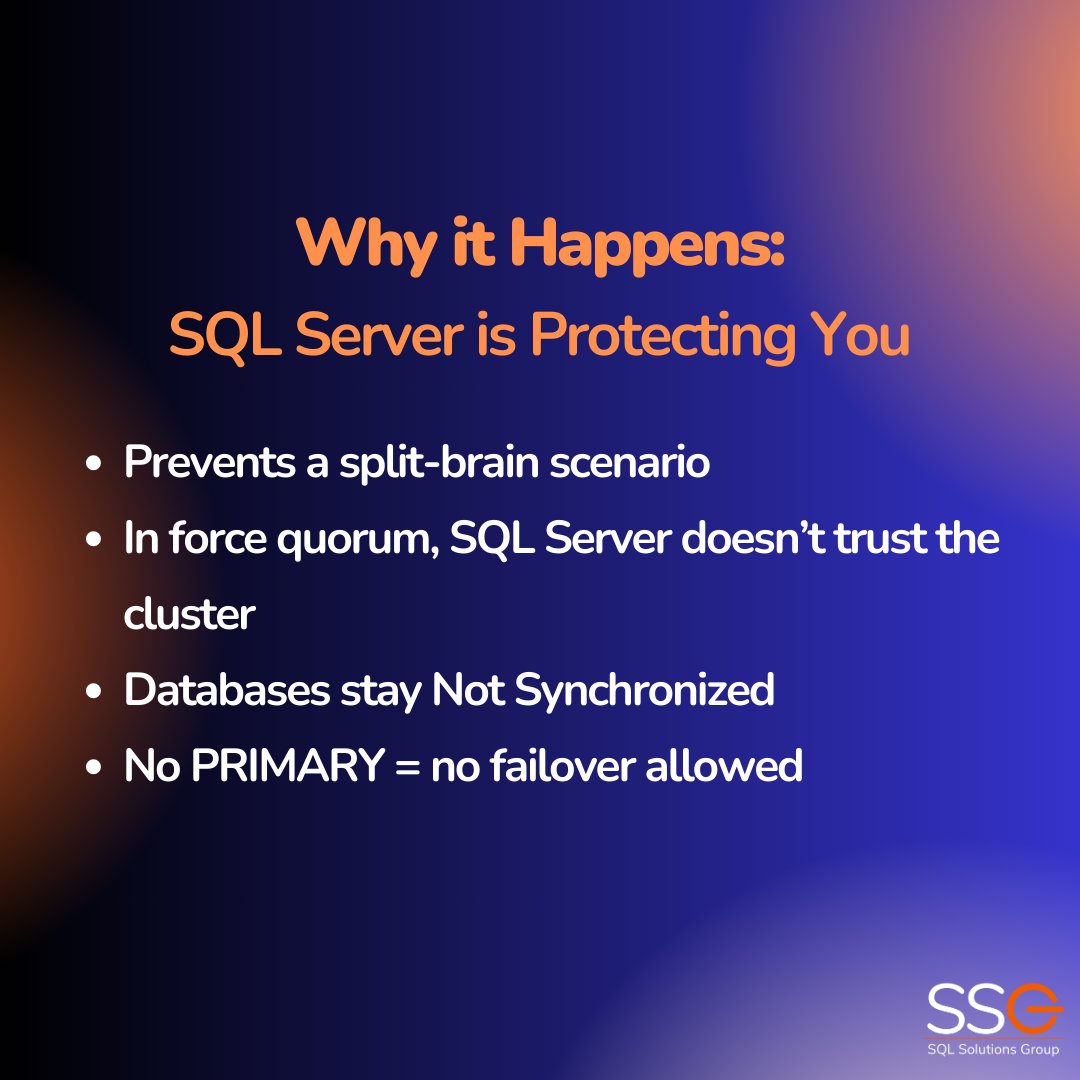 SQLGroup's tweet image. Save this for the day your AG decides to play hard to get. 😉

#SQLServer #AvailabilityGroups #AlwaysOn #HighAvailability #DatabaseAdmin #DBA #SQLCommunity #DataPlatform #MicrosoftSQL #DisasterRecovery #SQLTips #SQLServer2022