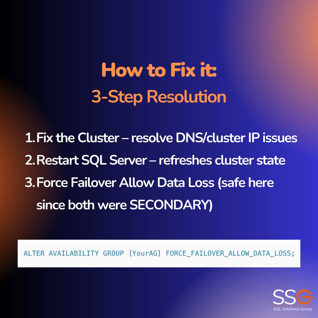 SQLGroup's tweet image. Save this for the day your AG decides to play hard to get. 😉

#SQLServer #AvailabilityGroups #AlwaysOn #HighAvailability #DatabaseAdmin #DBA #SQLCommunity #DataPlatform #MicrosoftSQL #DisasterRecovery #SQLTips #SQLServer2022