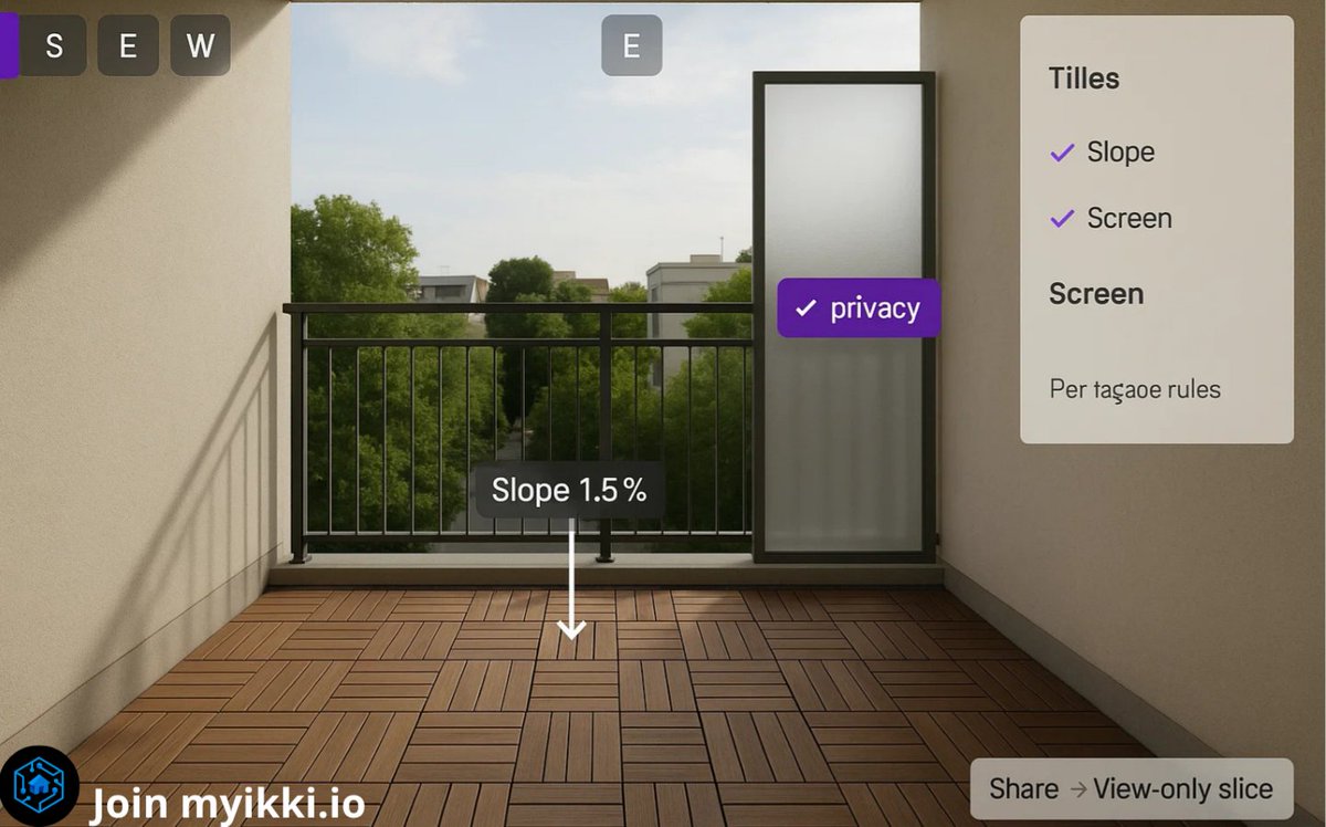 MyIkki_Network's tweet photo. Outdoor specs that won’t surprise the site team.

With MYİKKİ, promoters lock decking tiles, drainage slope, and privacy screens against façade-specific rules.

Orientation chips (N/S/E/W) adjust exposure and permitted screens; slope guardrails validate drainage (e.g., 1.5% ✓).
Specs are locked to SKUs, and a view-only slice keeps suppliers aligned with exact scope and points.

Outcome: compliant details, fewer reworks, smoother handoffs.

Join The Future👉 https://t.co/uY2DtktvLo

#balcony  #outdoors  #Compliance #DigitalTwin #RealEstate  #Dev #MYİKKİ #Crypto  #HOME  #Promoteurs #Buyers #Sellers