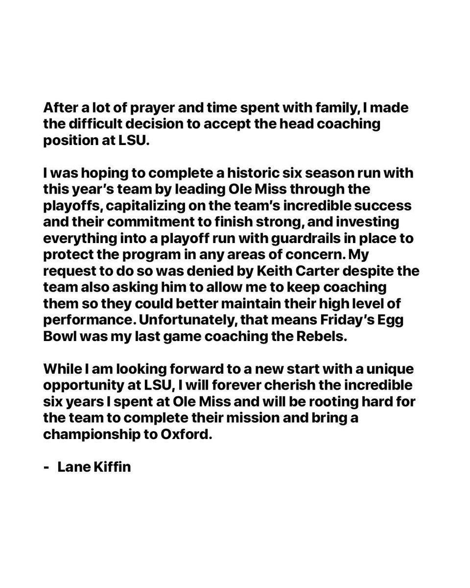 znagy20's tweet photo. BREAKING: It’s official. Lane Kiffin will depart Oxford to become the next head coach of the #LSU Tigers.

Two planes are en route to pick up Kiffin and his family to bring them down to the Bayou State.

LSU has a new leader with all eyes on the Tigers moving forward. https://t.co/v0Obs52ZZK