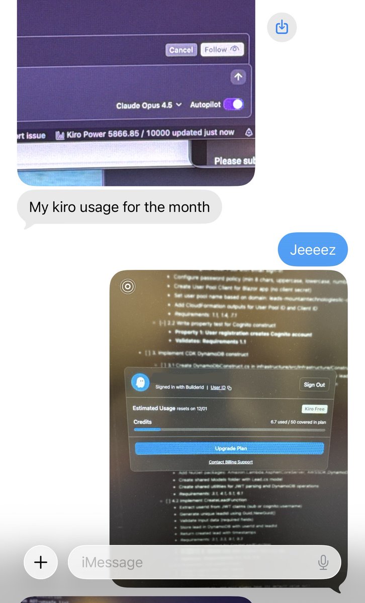ajgoldenwings's tweet photo. Versus my friends @kirodotdev usage! I think I know who will be winning the #CodewithKiro #Hackathon https://t.co/iOLdPzXFcg