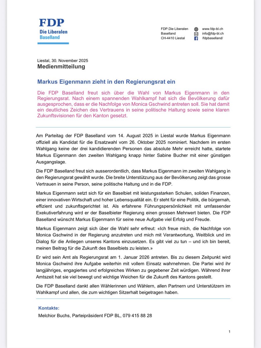 FDP_BL's tweet image. Hier noch die Medienmitteilung der FDP Baselland zur Wahl von Markus Eigenmann in den Regierungsrat.