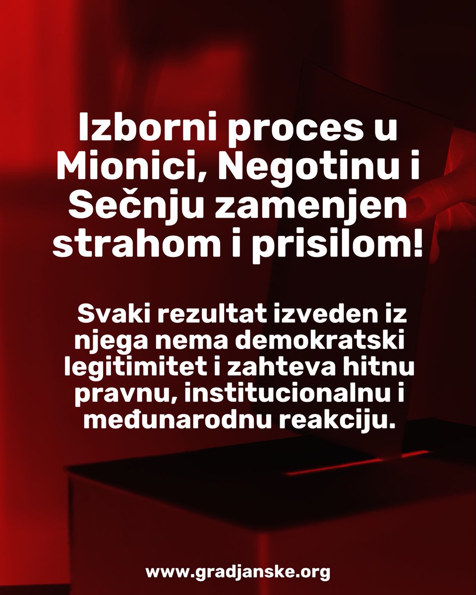 ‼️ Izborni proces u Mionici, Negotinu i Sečnju zamenjen strahom i prisilom.

Dokumentovano nasilje nad posmatračima, sabotaža nadzornih mehanizama, prisustvo sumnjivih grupa u okolini biračkih mesta, prijavljena kupovina glasova i manipulacije izlaznošću ukazuju na duboko