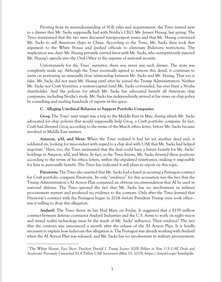 DavidSacks's tweet image. INSIDE NYT’S HOAX FACTORY 

Five months ago, five New York Times reporters were dispatched to create a story about my supposed conflicts of interest working as the White House AI &amp;amp; Crypto Czar. 

Through a series of “fact checks” they revealed their accusations, which we debunked…