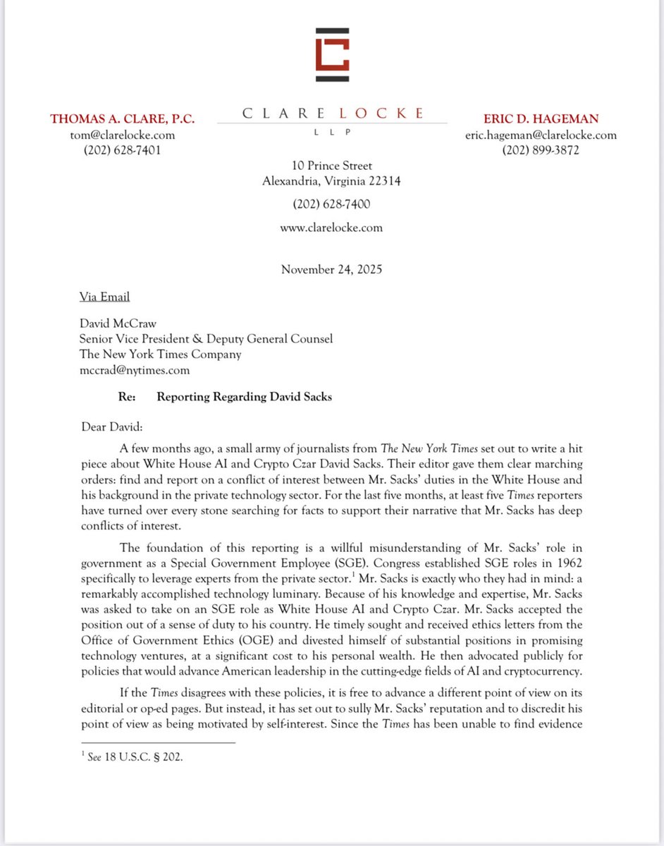 DavidSacks's tweet image. INSIDE NYT’S HOAX FACTORY 

Five months ago, five New York Times reporters were dispatched to create a story about my supposed conflicts of interest working as the White House AI &amp;amp; Crypto Czar. 

Through a series of “fact checks” they revealed their accusations, which we debunked…