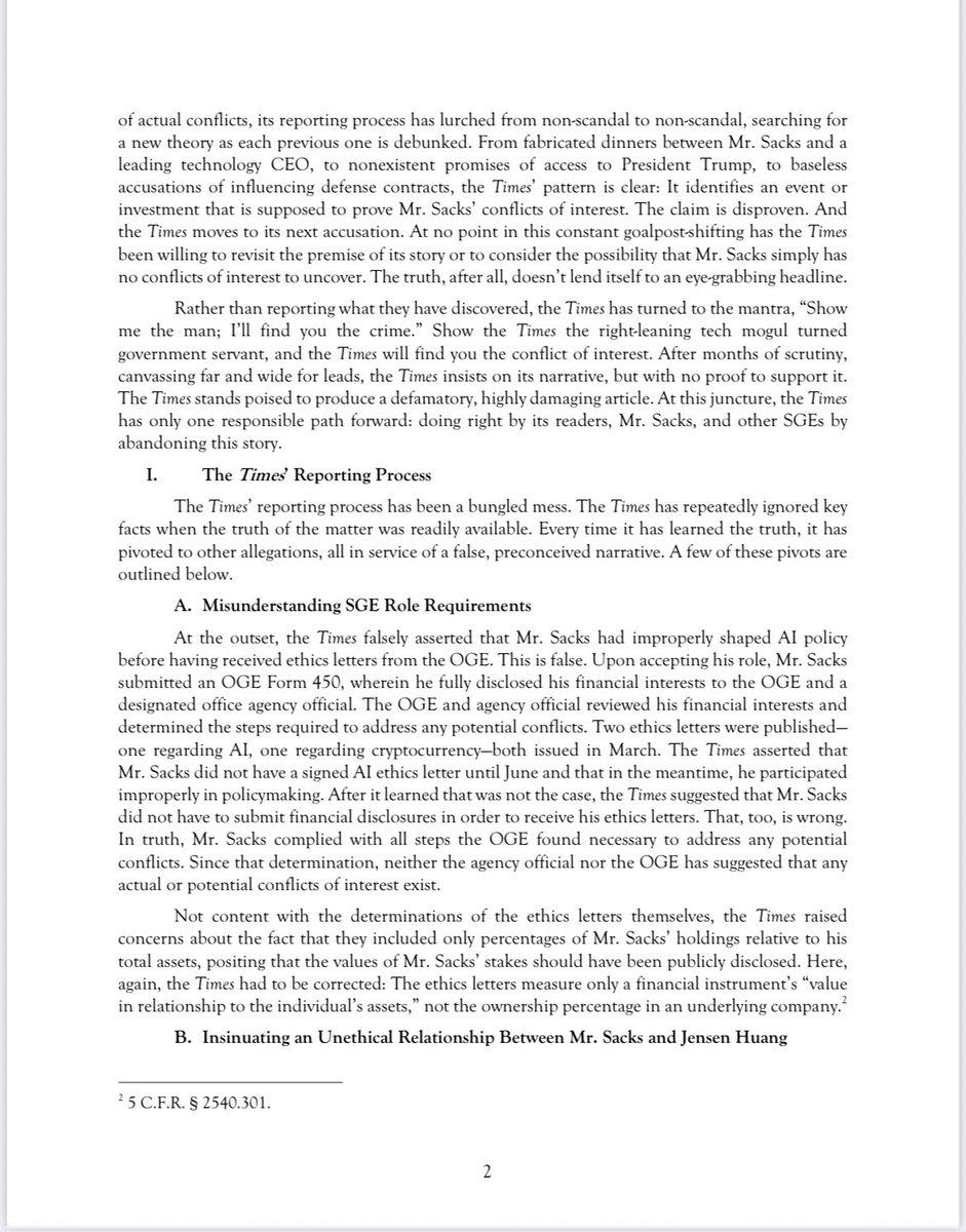 DavidSacks's tweet image. INSIDE NYT’S HOAX FACTORY 

Five months ago, five New York Times reporters were dispatched to create a story about my supposed conflicts of interest working as the White House AI &amp;amp; Crypto Czar. 

Through a series of “fact checks” they revealed their accusations, which we debunked…