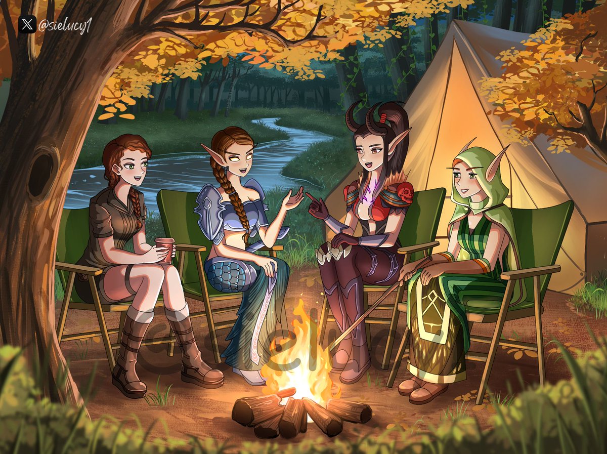sielucy1's tweet photo. Completed this multi character wallpaper for a friend over discord! A peaceful campfire night in the forest with her favorite characters 🌲✨
#Delsorou #wallpaper #camping #FOREST #illustration #commissionart #artmoots #artshare #Sienna_art #siearts https://t.co/Dkv9SP1v7x