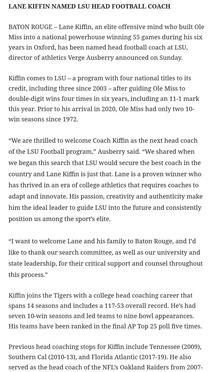 LSU sends out their press release - Lane Kiffin takes over for the Tigers

#LSU 
#CFB 

<a href="/LAFirstNews/">Louisiana First News</a>