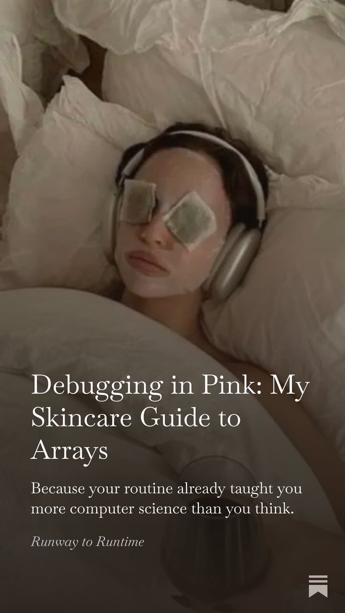 anweasha__'s tweet image. First post of Debugging in Pink is live, and yes… I explained arrays using my skincare routine.
Honestly it makes more sense this way.

Runway to Runtime is in session.

Read here: tinyurl.com/skincaretoarra…

#Skincare #codingmyths