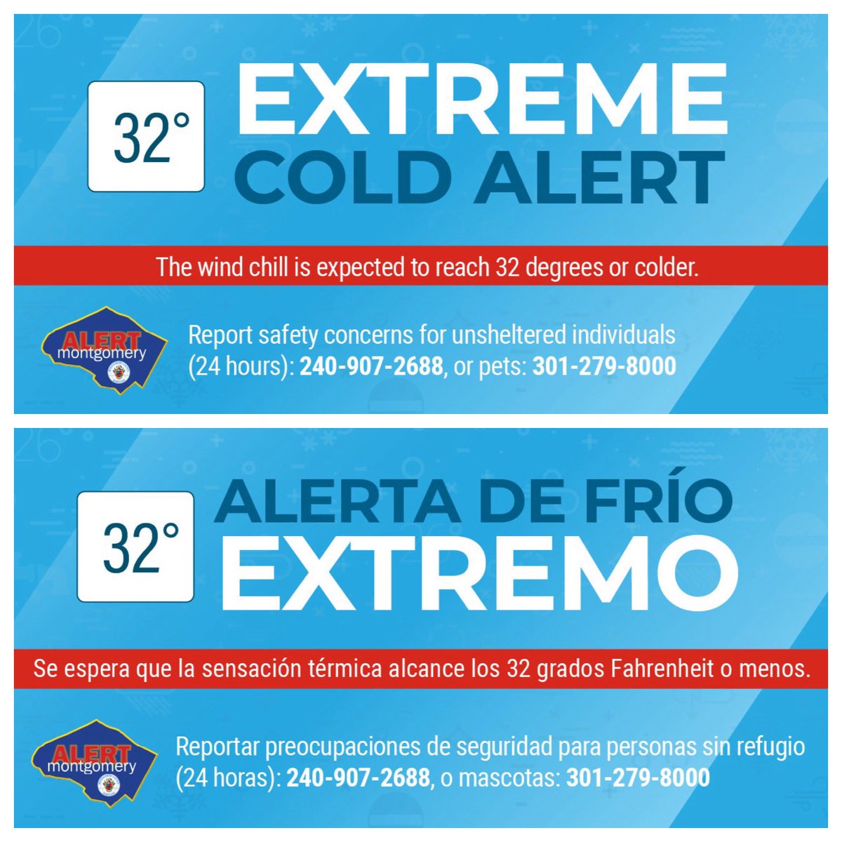 Montgomery County has activated an Extreme Cold Alert for Sun., 11/30 at 9pm until Mon., 12/01 at 12 pm. Expect the wind chill below 32 degrees F. Wear layers if you go outside. Take extra precautions if you spend lots of time outdoors. More info: ow.ly/I4ob50XzMVc
