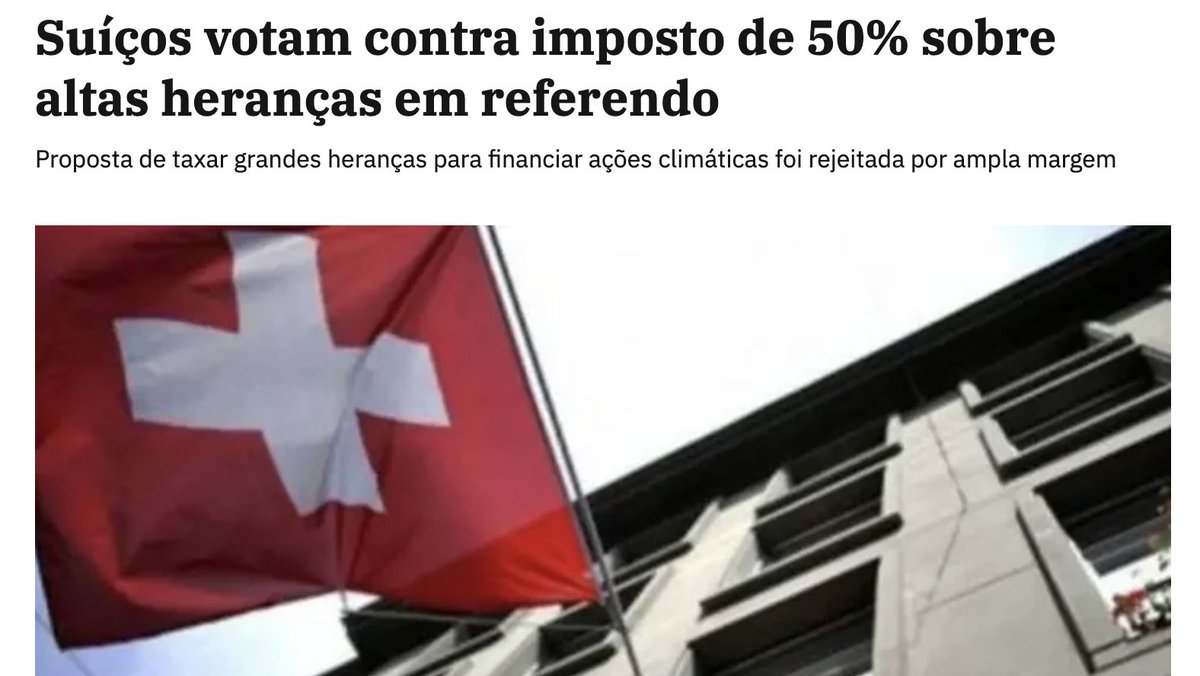 A Suíça acaba de mostrar por que é um dos países mais admirados do mundo: 78% dos eleitores rejeitaram uma taxa de 50% sobre heranças acima de CHF 50MM.

Enquanto o mundo tenta tributar riqueza, a Suíça escolhe criar riqueza.