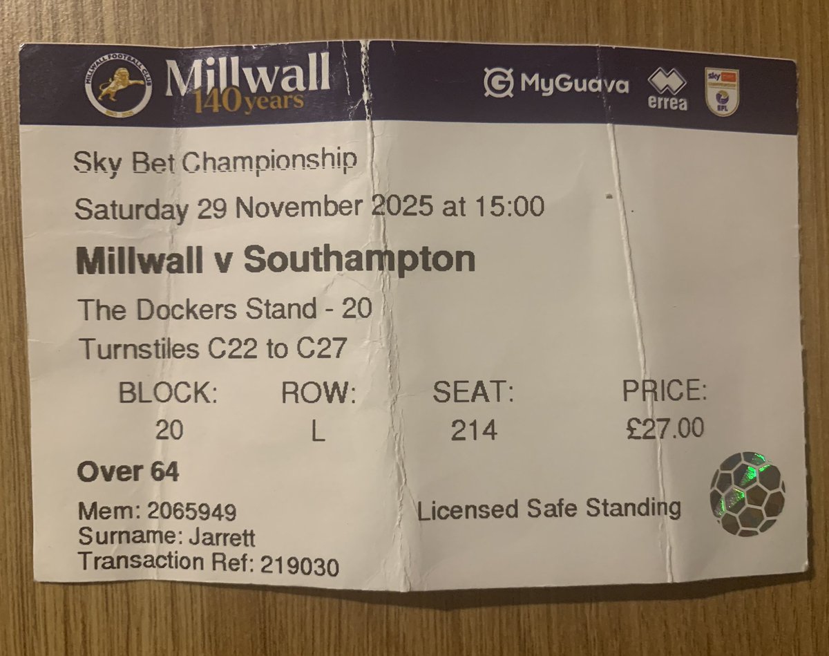 DavidJarrettd's tweet photo. I rarely keep tickets and memorabilia but this ticket I may tuck away to be brought out if I feel a bit low. What a night!  #millwall https://t.co/bjlVAWwgjR