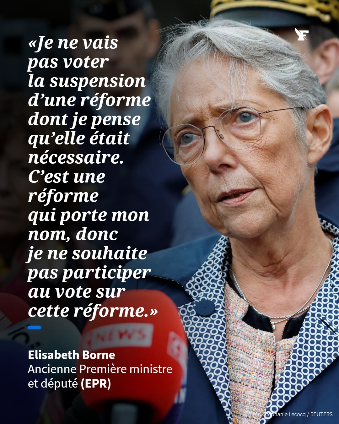 L’ancienne première ministre refuse de désavouer la réforme des retraites qu’elle a portée en 2023. Elle a assuré qu’elle «ne votera pas la suspension» du texte, tout en reconnaissant «des angles morts» et des marges d’amélioration.→