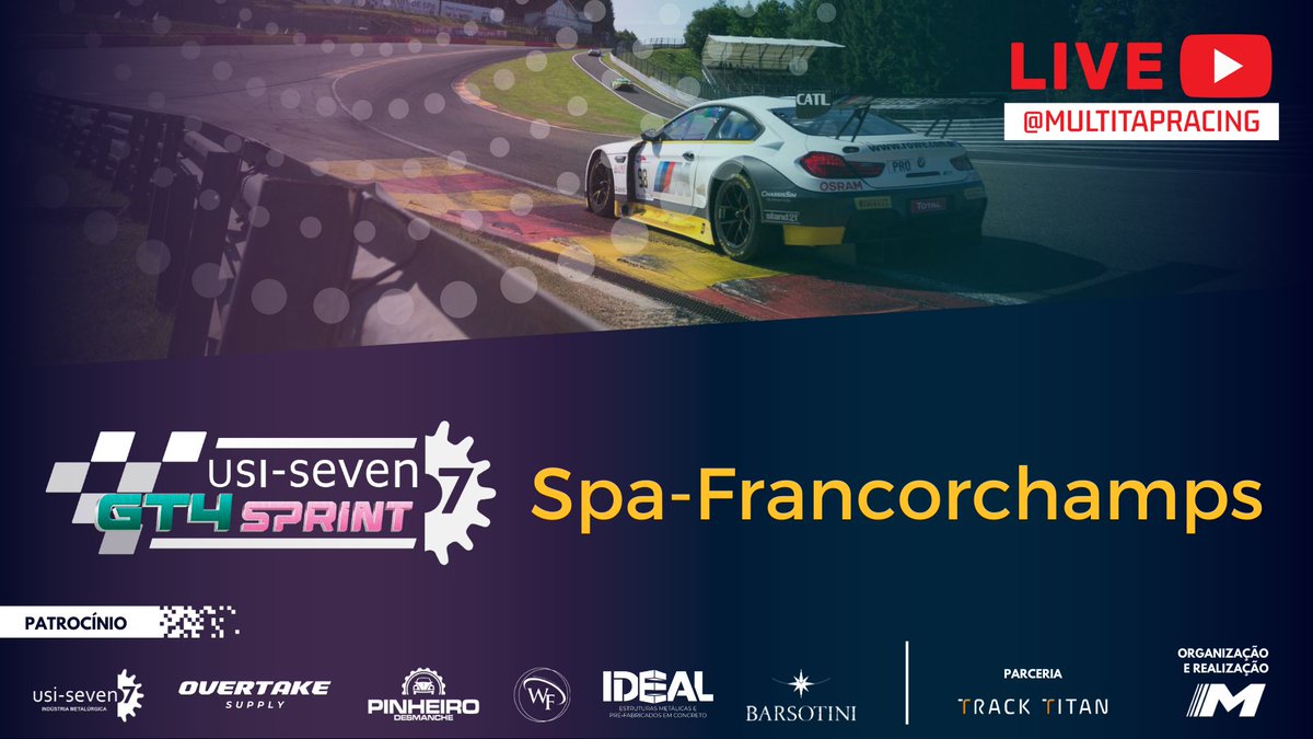 🔴ESTAMOS AO VIVO🔴

Chega mais que a sexta e ÚLTIMA etapa da 🏁USI-SEVEN GT4 Sprint🏁 em Spa-Francorchamps já começou. Acompanhe nossa transmissão 🔴AO VIVO🔴 com narração de Telmo Camargo🤩.

📆ASSISTA -  youtube.com/live/uFrEH7Mmf…

🚦MULTITAP RACING, A CASA DO ACC NOS CONSOLES🚦