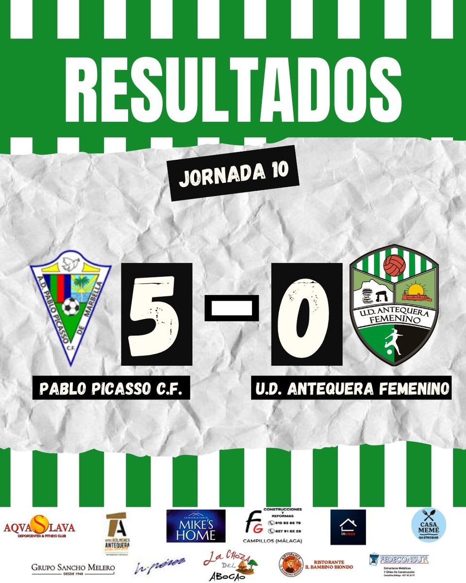 🔥 Resultado SENIOR:

¡Derrota! Duro rdo en un partido para olvidar ante las lideres, con un arbitraje de dudoso nivel senior que determina gran parte del encuentro, aunque hay que hacer análisis y mejorar muchos aspectos 💪🏼 ¡A seguir! 

#PabloPicasso 0-5 #UDAntequeraFem

💚🤍
