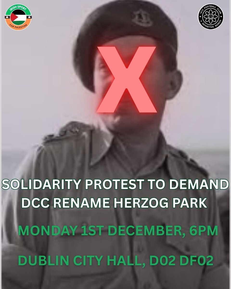 Sport4Palestine's tweet image. Solidarity protest tomorrow to demand Dublin City Council Rename Herzog Park, meet 6PM at Dublin City Hall on Dame Street, D02 DF02 . The news that the Motion to Rename Herzog Park has been withdrawn is absurd. The entire reaction to our Rename Herzog Park Campaign with 1815 FC…