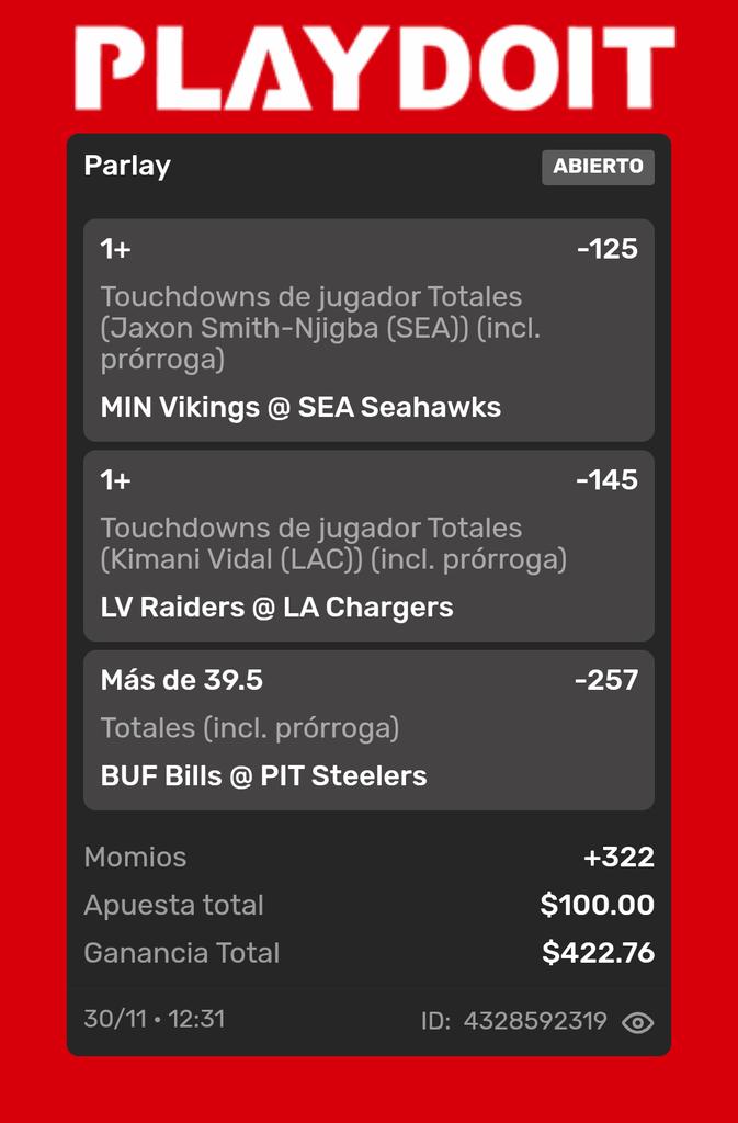 Damuba's tweet image. Vamos así con este #parlay de #nfl para los juegos de la tarde .