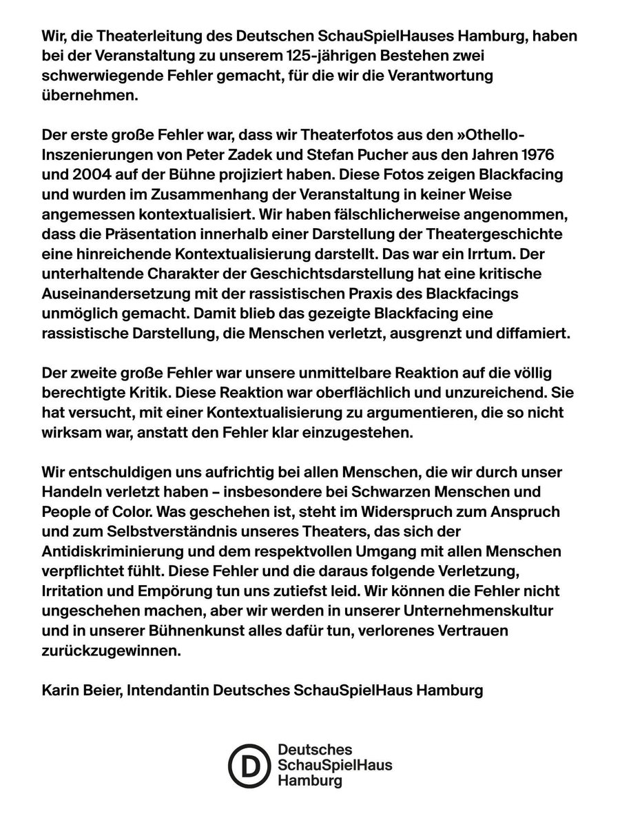 Anstatt Kunstfreiheit zu verteidigen und Kontroversen auszuhalten oder besser noch hervorzurufen, moderiert das Deutsche SchauSpielHaus Hamburg sie lieber ab und klagt sich selbst an. Peinlich!