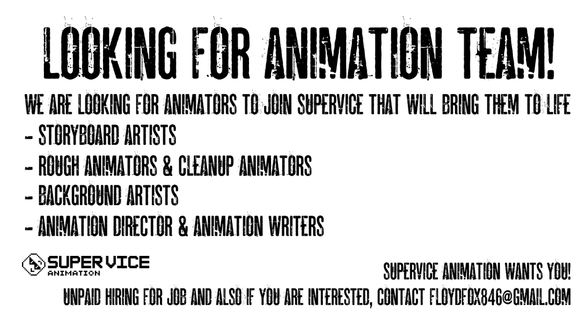 🎬✨ Supervice Animation is recruiting passionate artists to bring bold stories to life!
💌 Unpaid, for love &amp; legacy.
📩 floydfox846@gmail.com
#IndieAnimation #AnimatorCall #ArtCollab #StoryboardArtist #AnimationJobs #PassionProject #SuperviceAnimation #CreativeTeam