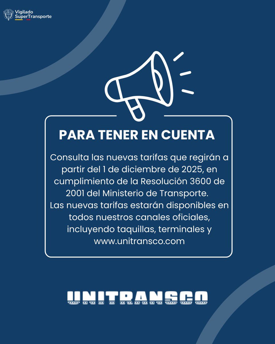 📢 Informamos a nuestros usuarios y demás grupos de interés que, a partir del 1 de diciembre, se aplicarán nuevas tarifas, en cumplimiento de la Resolución 3600 de 2001 del Ministerio de Transporte.​

☝🏼Lo anterior atiende a variaciones en costos operativos, administrativos, de