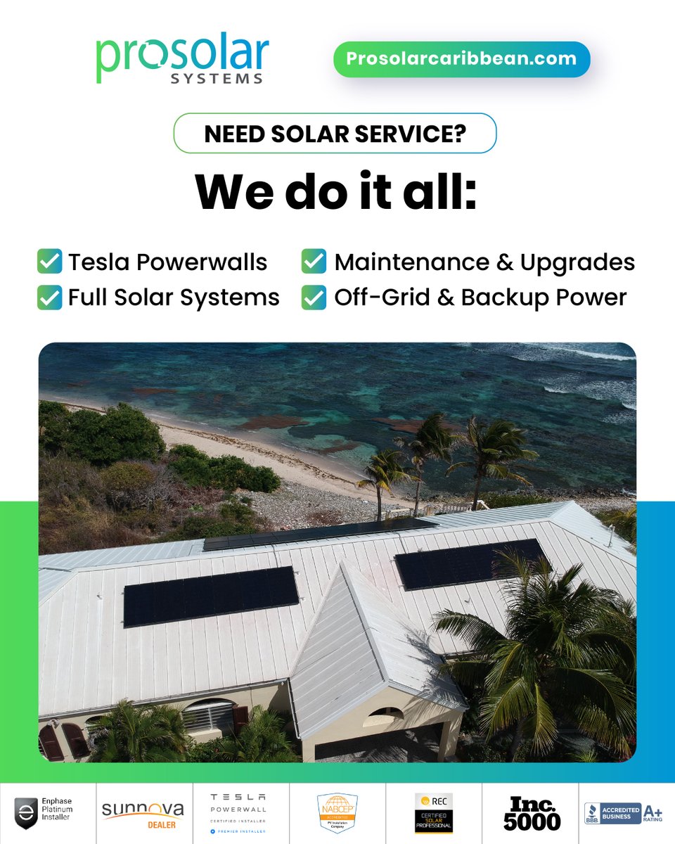 When it comes to reliability, we're unmatched. 💪
📞 Call 340.201.4752
🌐 prosolarcaribbean.com

#SolarExperts #ProSolarCaribbean #TeslaCertified #SolarInstallation #USVISolar #HomeEnergy #GoSolar