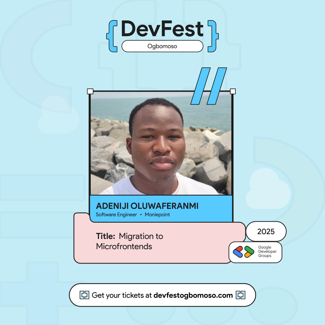 gdgogbomoso's tweet image. We are excited to announce @DevFeranmi as a Speaker for #DevFestogbomoso25.

Oluwaferanmi Adeniji is a Senior Software Engineer at Moniepoint. He specializes in React, TypeScript, and performance optimization, with hands-on experience migrating legacy applications to modern…