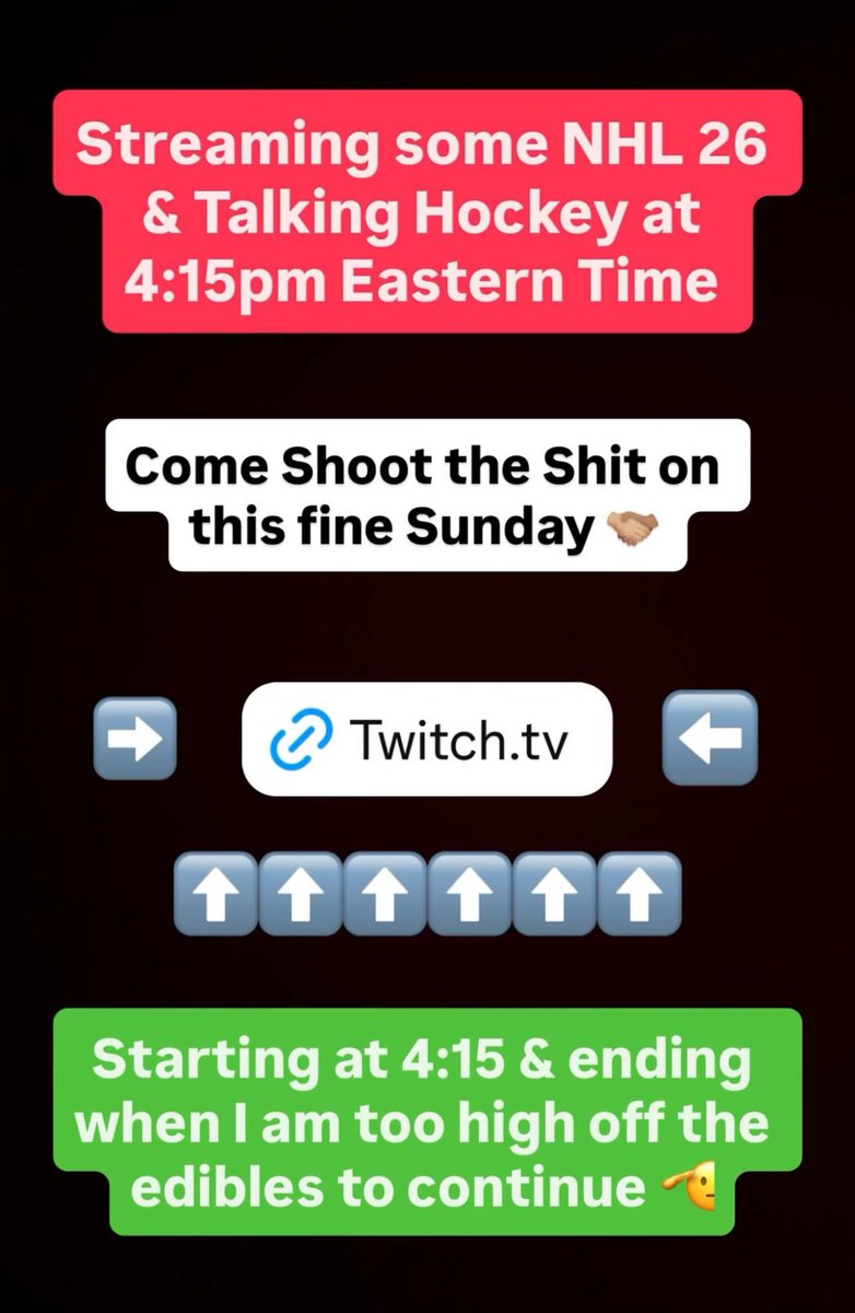 Going LIVE ON <a href="/Twitch/">Twitch</a> @ 4:15pm Eastern Time to Run Some #NHL26 &amp; talk some Hockey Betting 🫱🏼‍🫲🏽 

Come Say What’s Up ⬇️⬇️⬇️

Twitch.tv/therealskian

Twitch.tv/TheRealSkian

#NHL26 #NHL #NHLstreaming #Chel #Chel26 #NFL #GamblingX #Hockey #Parlay #Draftkings #Fanduel #BetMGM #Food