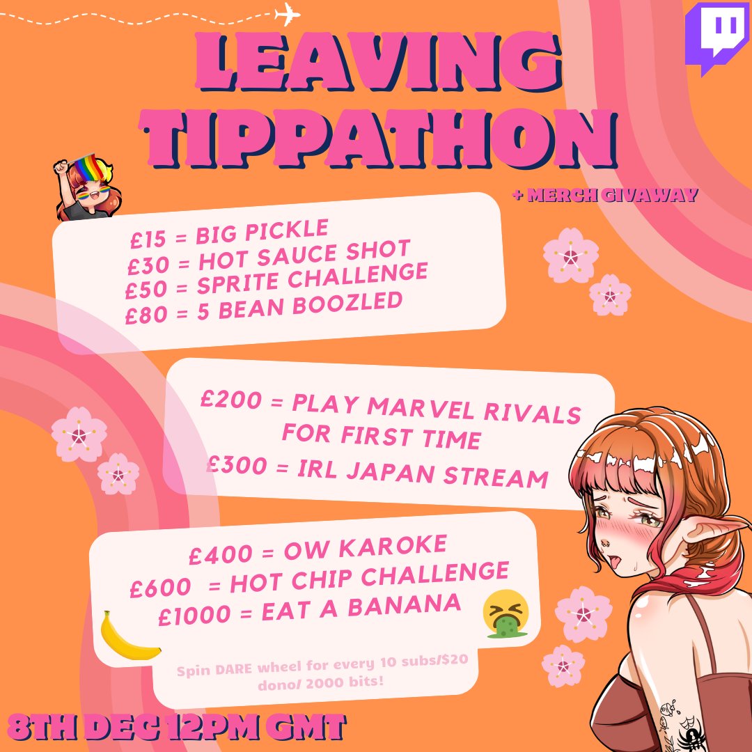 IM LEAVING FOR A MONTH!!! 🇭🇰🇯🇵🇰🇷
lets throw a party 💃
• community games 
• dare spin wheel 
• cheeky <a href="/Fourthwall/">Fourthwall</a> merch giveaway for subs + tippers 
SEE U THERE!! (8th Dec 12pm GMT) ♡
