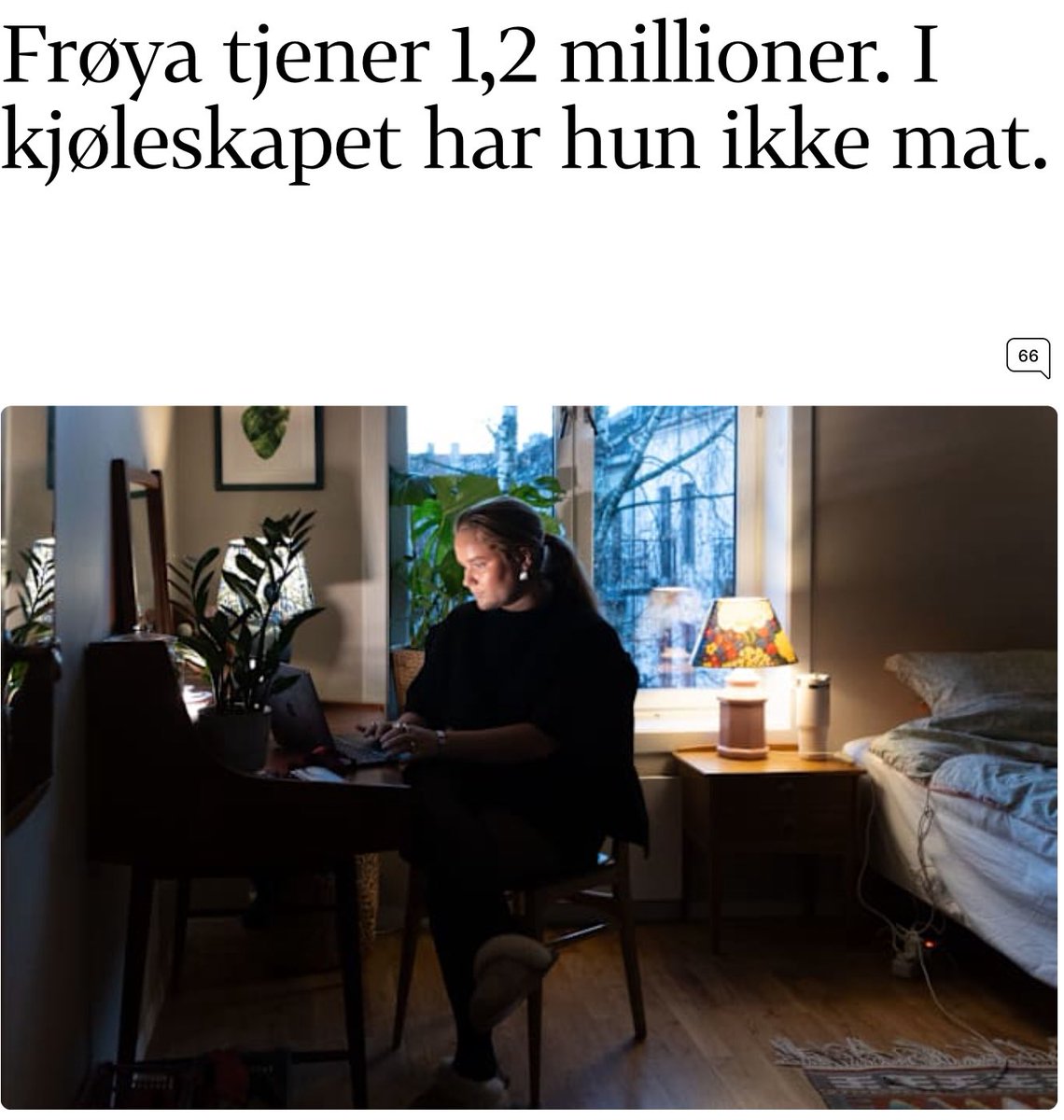 HUN HAR sterkt subsidert mat servert på jobben, <a href="/btno/">Bergens Tidende</a>, i tillegg til Norges høyeste lønn for sin alder. Er det nødvendig å lage en offerlignende overskrift av det?