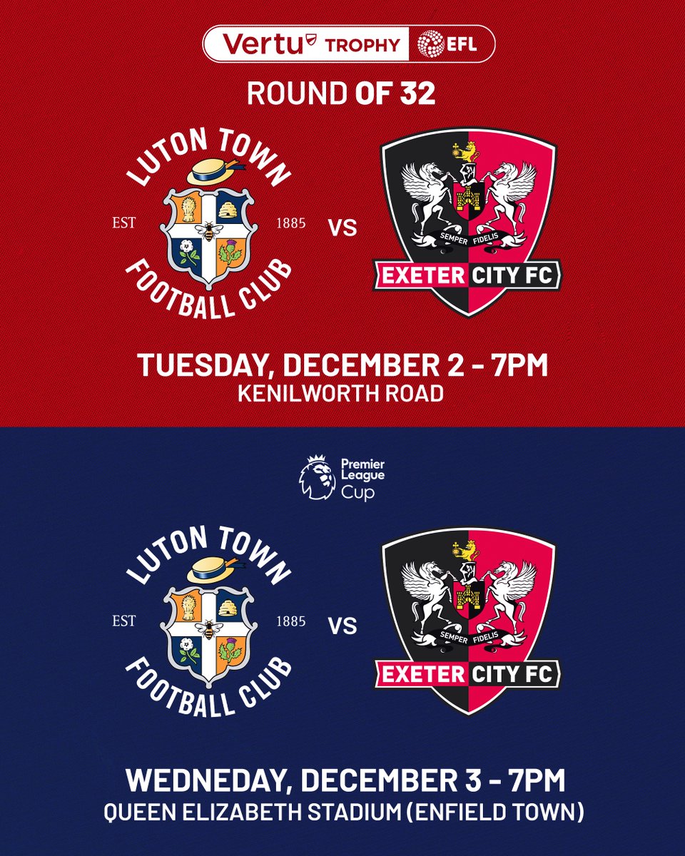 🚨 To avoid confusion over our confusing midweek schedule…

📌 On Tuesday night we play <a href="/LutonTown/">Luton Town FC</a> at Kenilworth Road in the <a href="/VertuTrophy/">Vertu Trophy</a> Round of 32, 7pm 

📌 On Wednesday night the U21s face Luton Town U21s in the Premier League Cup at the Queen Elizabeth Stadium, 7pm