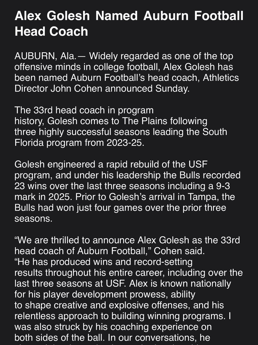 Alex Golesh is Auburn’s new head coach.
<a href="/theauburnblitz/">Theauburnblitz</a> <a href="/faithrichhhh/">faith richardson</a>