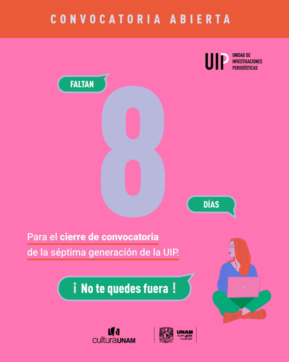 Conteo regresivo: 8 días 🔔
Postúlate a la UIP y aprende a investigar y contar historias.
Si eres estudiante de la <a href="/UNAM_MX/">UNAM</a>, consulta la convocatoria aquí 👇🏽
corrientealterna.unam.mx/convocatorias/…