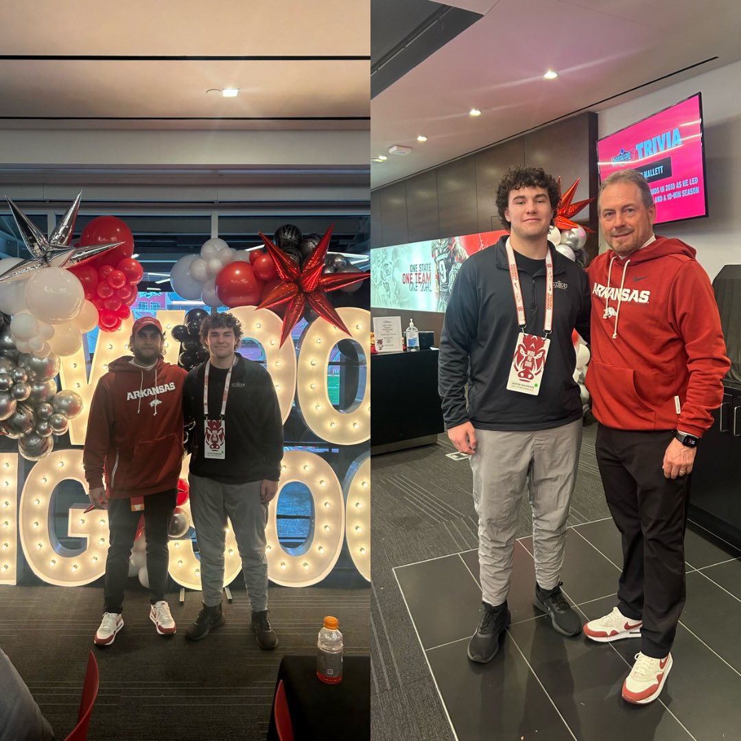 I had an amazing visit <a href="/RazorbackFB/">Arkansas Razorback Football</a> yesterday it was a great environment and atmosphere! Thank you <a href="/CoachSFountain/">Scott Fountain</a> and <a href="/Adam_Dulka/">Adam Dulka</a> for having me out! Can’t wait to keep building a Relationship!
<a href="/KohlsKicking/">Kohl's Kicking Camps</a> <a href="/97RyanJones/">Ryan Jones</a> <a href="/JPRockMO/">JP Rock</a> <a href="/AllenTrieu/">Allen Trieu</a> <a href="/CoachSeibert43/">Austin Seibert</a> <a href="/coachtfountain/">Tanner Fountain</a>