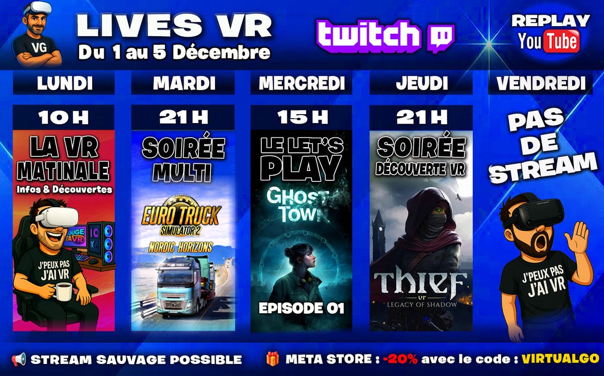 virtualgo34's tweet image. 📢   Salut à TouteZetaTousse !
⏰   PLANNING du 1 au 5 Décembre
🔴   Mes réseaux et Boutiques : linktr.ee/VirtualGo
🎁   -20% sur QUEST Store / Code Promo : VIRTUALGO
Et pleins de clés de jeux à gagner  jusqu&apos;aux fêtes ! 👀

#vr #virtualgo #Metaquest3 #PICO4Ultra #psvr2 #pcvr