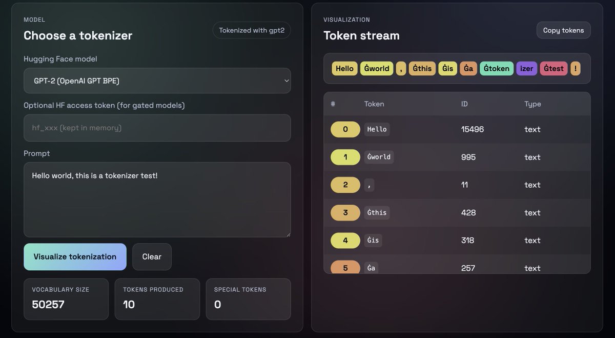 peterndev's tweet image. Built a tokenizer visualization tool for GPT / LLaMA models.

Type any prompt and see exactly how it splits into tokens, merges subwords, and handles whitespace + special tokens.
#MachineLearning #AI
github.com/PeterHdd/token…
tokenization-visualization.netlify.app