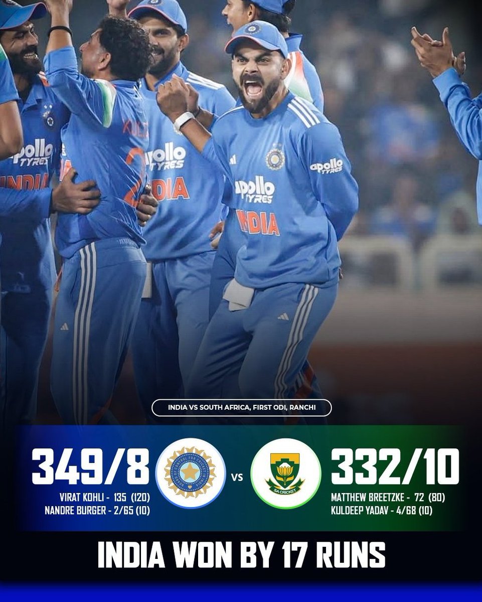 भारत ने साउथ अफ्रीका के खिलाफ वन डे मैच 17 रन से जीता , 

आज भारत ने मैच जीता लेकिन साउथ अफ्रीका ने हार कर भी दिल जीत लिया , भारतीय टीम को जीत की बहुत बहुत बधाई ,

#INDVSSAODI
