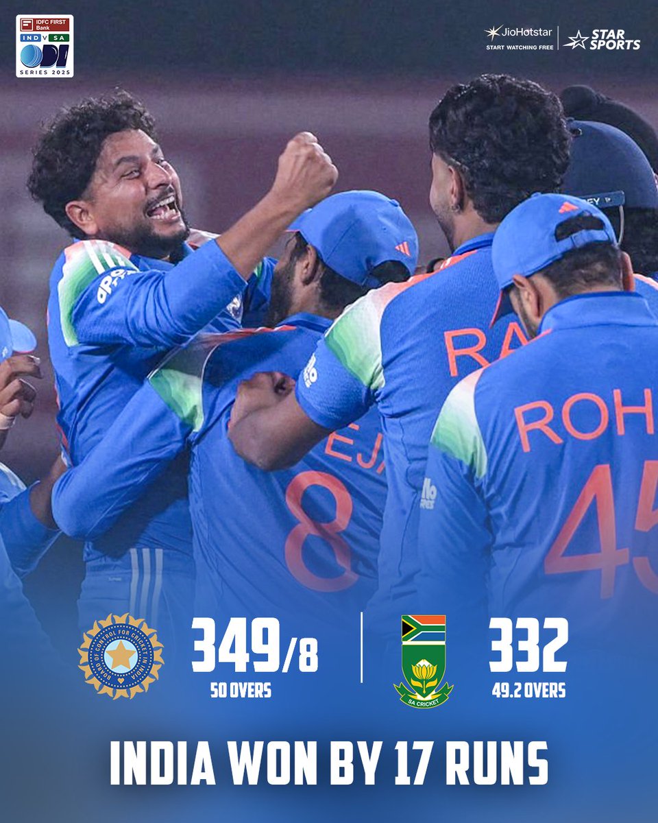 StarSportsIndia's tweet image. A last-over thriller in Ranchi! #TeamIndia held their nerve in a high-scoring clash to go 1-0 up!  🥶

Next stop ➡ Raipur 👊

#INDvSA 2nd ODI 👉 WED, 3rd DEC, 12:30 PM
