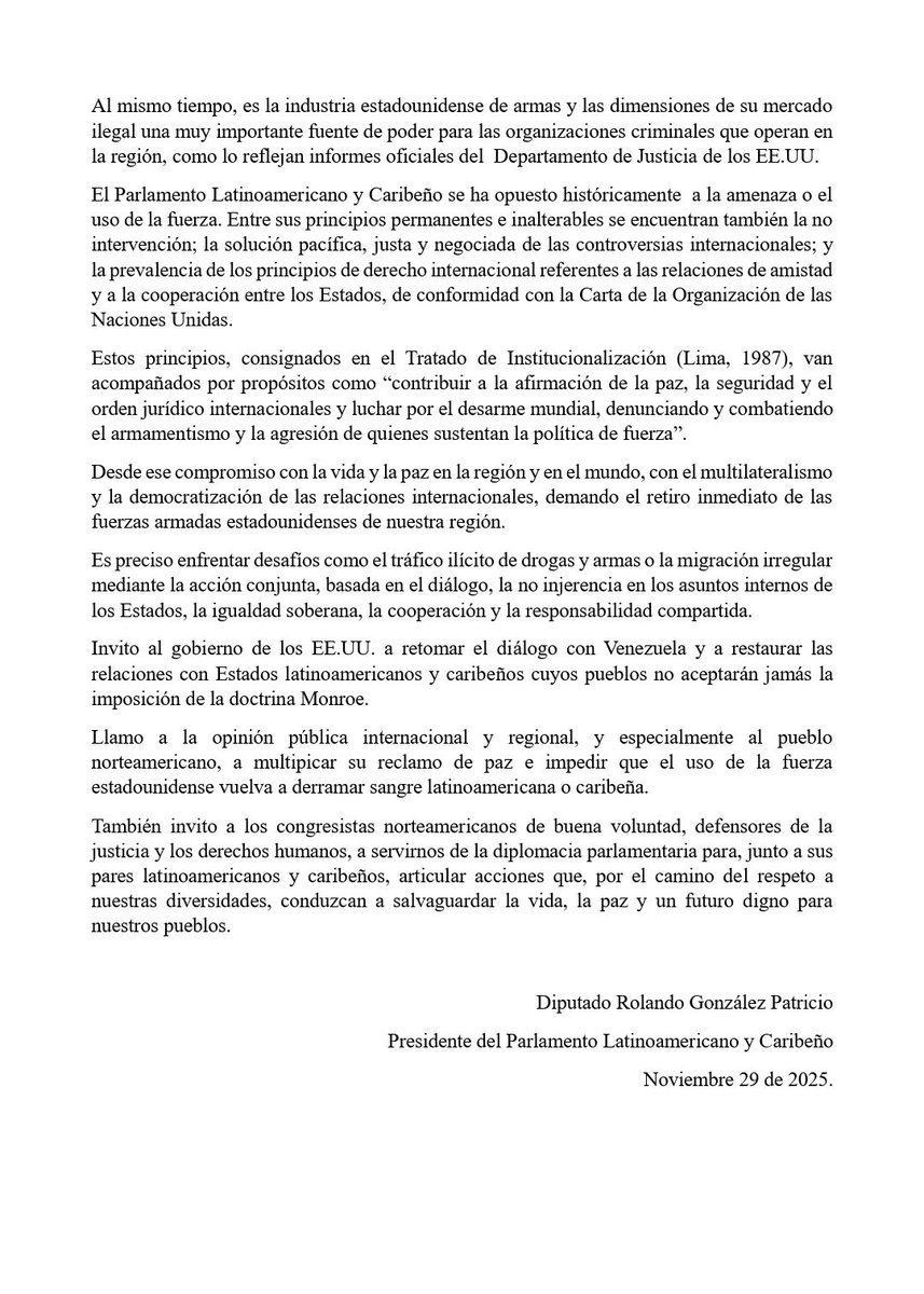 #POLÍTICA | La Presidenta de Colombia Humana, Gloria Flórez (<a href="/GloriaFlorezSI/">Gloria Flórez Senadora</a>), respaldó el llamado del Parlamento Latinoamericano y Caribeño por el respeto a la vida y la paz, ante los riesgos que representan los ataques con misiles en el Caribe y las consecuencias impredecibles.