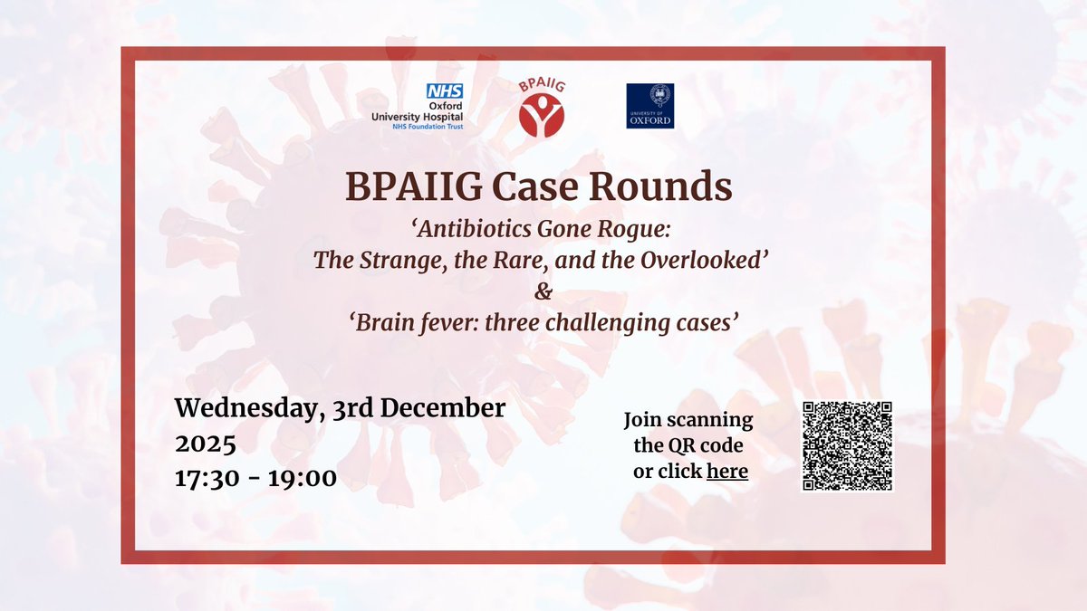 bpaiig's tweet photo. We are heading to Oxford (virtually) for our next Case Rounds on 3 December at 17:30!
Come along for another session packed with interesting cases in #PIID!
@UniofOxford @OxfordVacGroup @OxPaediatrics https://t.co/RGEwaH4yNh