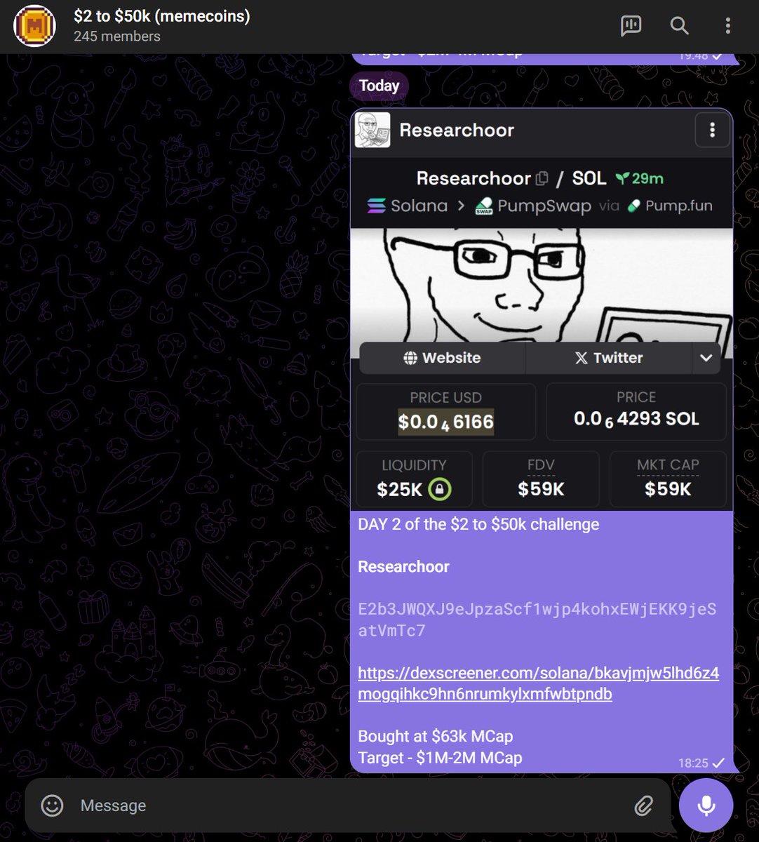 Shelpid_WI3M's tweet photo. DAY #2 of the $2 to $50k challenge  

Today, we bagged $Researchoor

Flipped at 1.4M MCap - 22x gains                  
Account balance: $2,002   

Adding 500 participants                  
Accepted so far: 245/500                          

Wanna join? Here’s how:                     

• Like & Retweet             
• Comment " 💸 "             
• Must be following                    

(Open for FREE only for followers)