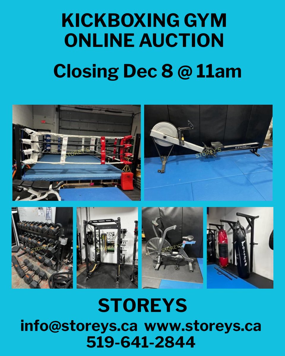 Kickboxing Gym Online Auction
Link: storeys.hibid.com/catalog/697935…

When: Mon Dec 8 @ 11am
Location: 1110 Flourence St, London ON
Preview: TBA
Removal: One Day Only!
Tues Dec 9 from 9am - 1pm