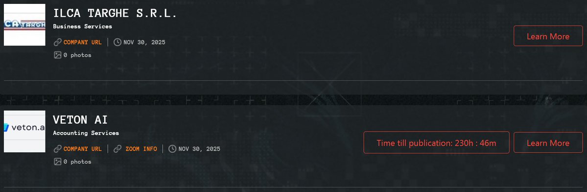 FalconFeedsio's tweet image. 📢 Ransomware Alert :

Qilin ransomware group has added 2 unknown victims to their dark web portal.

• ILCA Targhe s.r.l 🇮🇹
• Veton 🇺🇸
