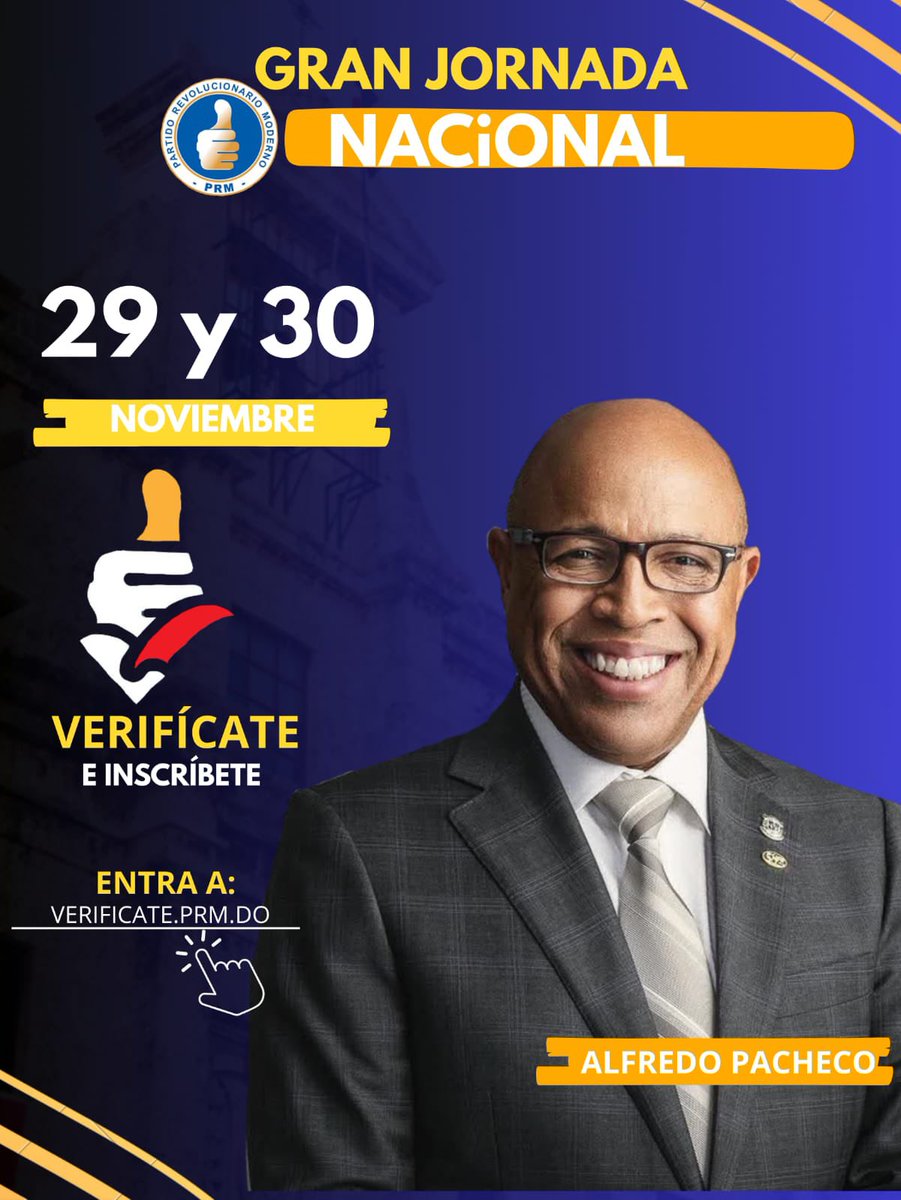 idominicanas's tweet image. ¡Verifícate! @PachecoAlfredoO invita a participar en la Jornada Nacional de Verificación iniciada este 29 y que culmina 30 de noviembre  ✅ 

#VerificatePRM