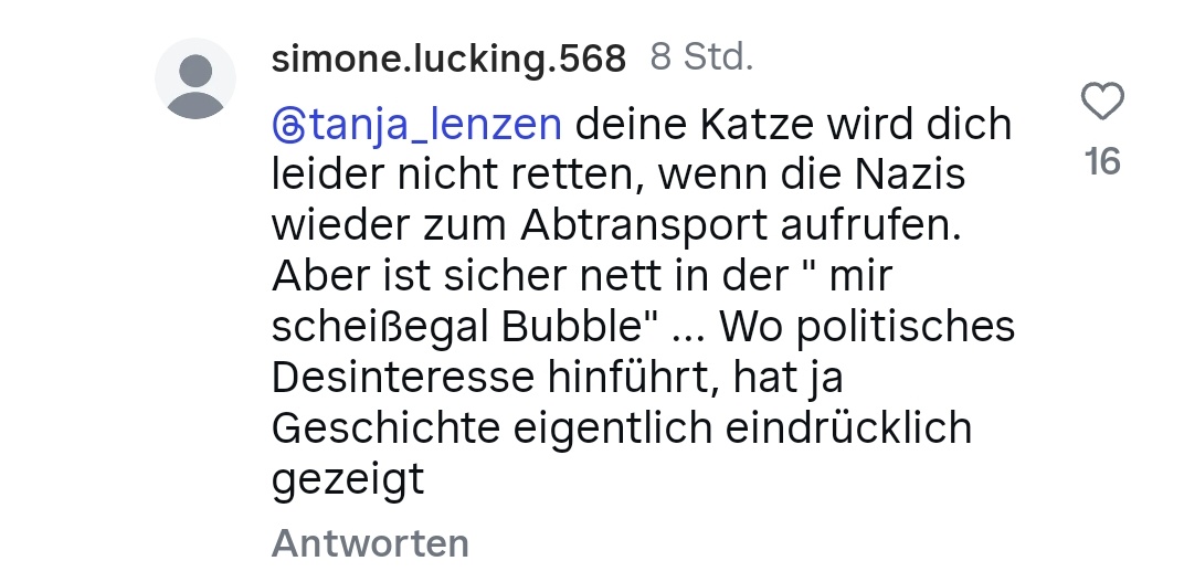 Was auch immer es ist, dass völlig gekochte Normies glauben macht, einkaufen bei DM zöge, unmittelbar und zwangsläufig, Deportationen durch Nazis nach sich, es ist witzig und ich will es.