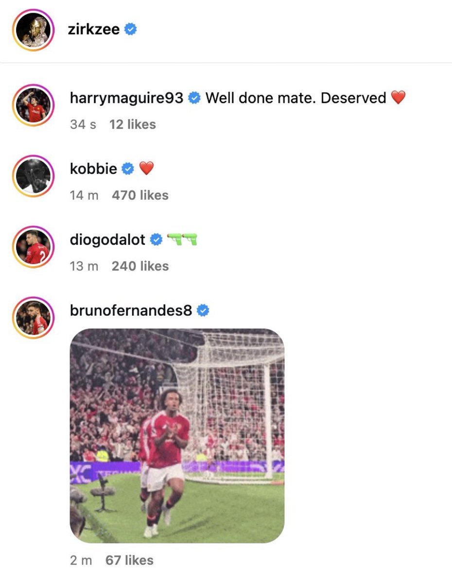 🚨Maguire, Kobbie, Dalot &amp; Bruno all supporting Joshua Zirkzee on IG! ♥️🔴

#MUFC