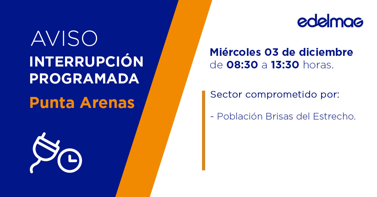 edelmag_sos's tweet image. Recuerda que este miércoles, 03 de diciembre, se realizará una #InterrupciónProgramada en la comuna de #PuntaArenas, debido a trabajos de mantenimiento a la red de distribución, en los horarios y sectores que se indican: