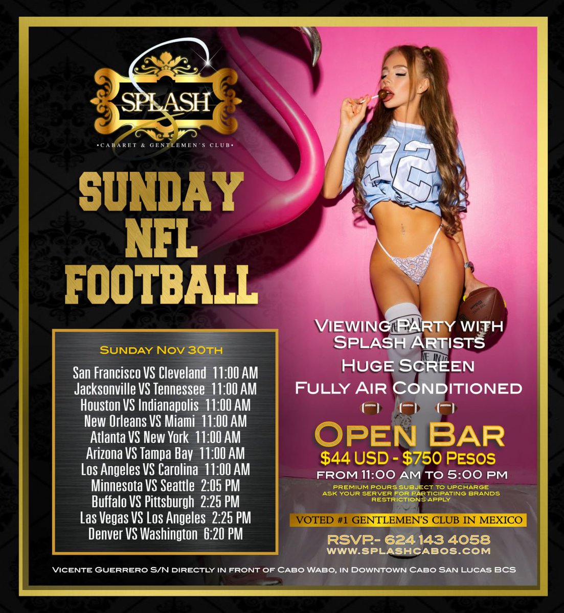 SplashCabos's tweet photo. Sundays just got hotter at SPLASH CABARET — where NFL football comes with sass, style, and a whole lot of attitude. 💋🔥

 https://t.co/HMPUQKchPg

#splashcabaret #Cabo #Sexy #CaboSanLucas #Splash #Skybar #NightClub #CaboWabo #steakcabo #NFLSunday #NFL https://t.co/oSk5qUfKoX