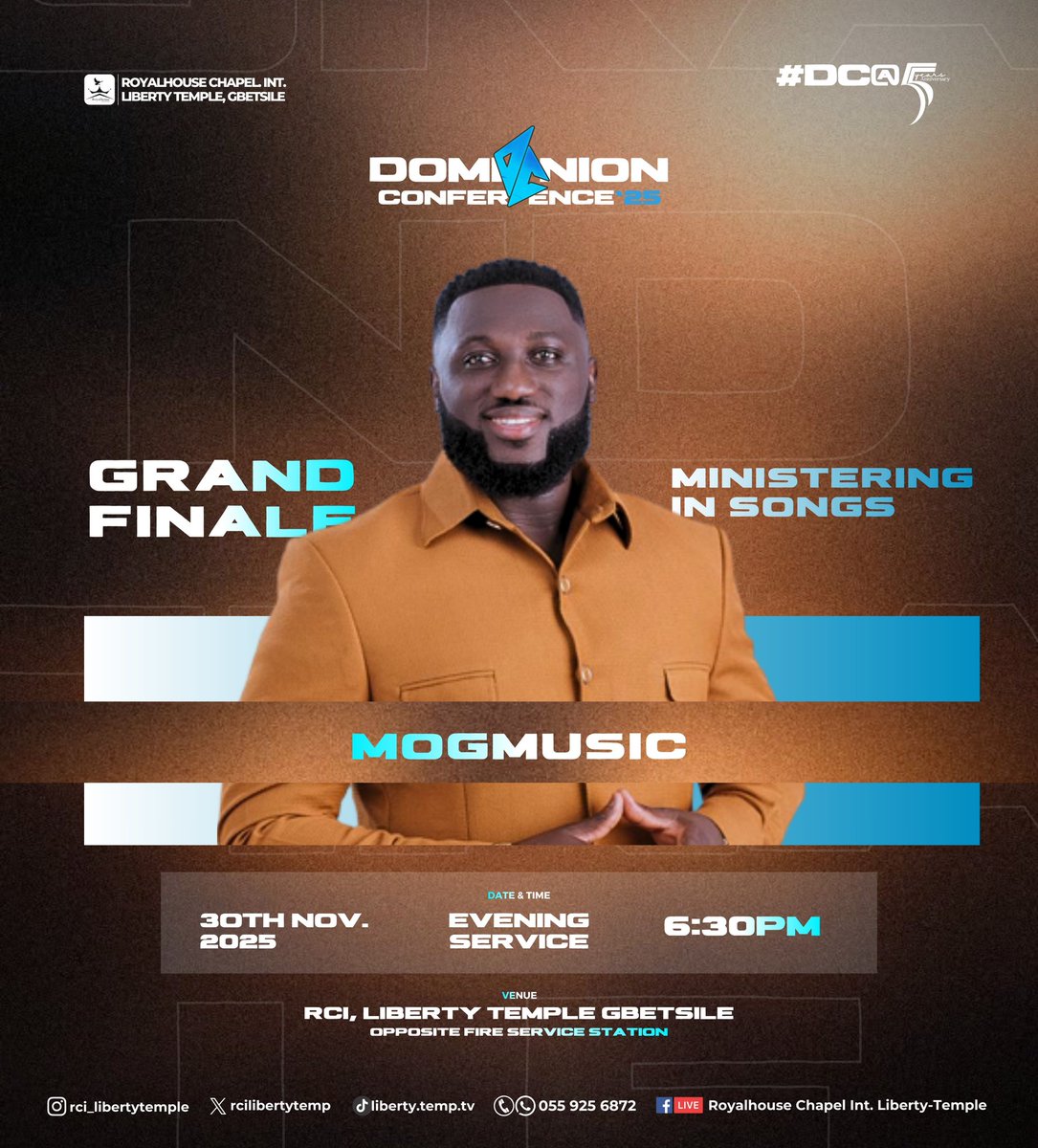 rcilibertytemp's tweet photo. Get ready for a powerful time of worship as the award-winning gospel artist; MOGmusic takes the stage, ministering in songs at the Grand Finale of Dominion Conference — tomorrow evening!
#DC25 #DCat5 #RoyalhouseChapel #LibertyTemple https://t.co/XqQpxYMQgQ